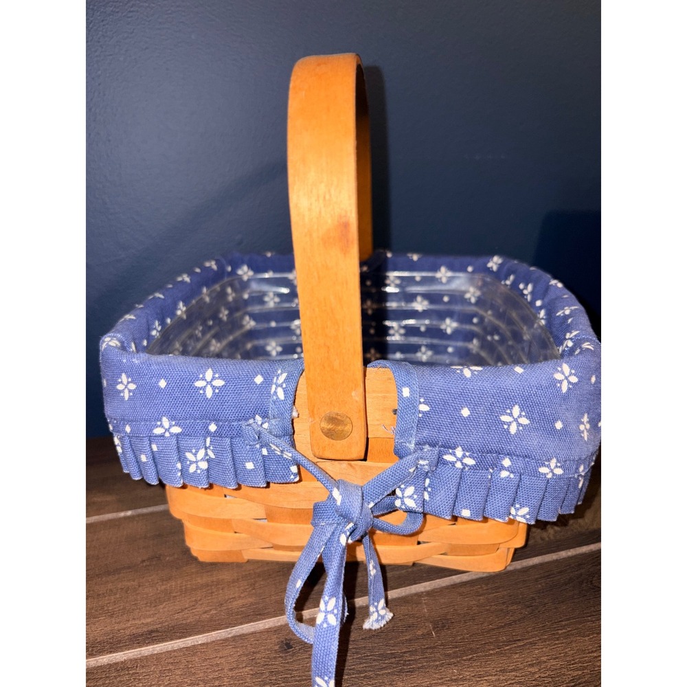 Longaberger Woven Wood Basket Blue Floral Liner Plastic Protector Swing Handle